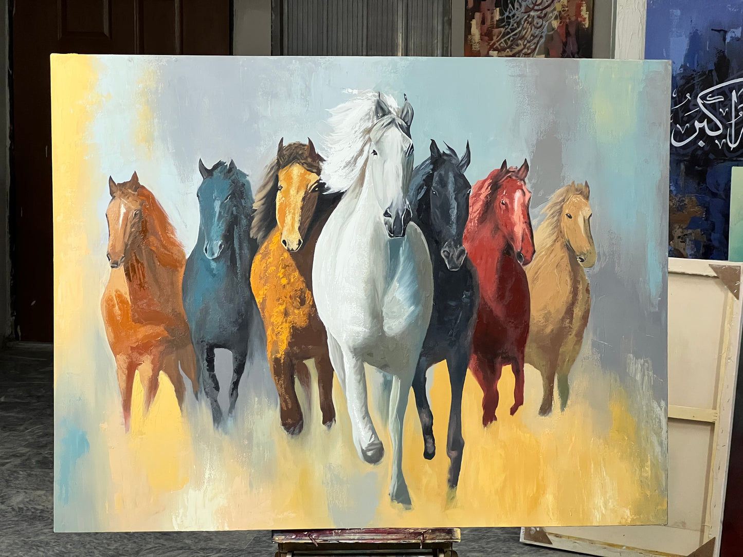 Seven Running Horses Abstract Painting – Symbol of Power & Success | 24×36 Inches Canvas