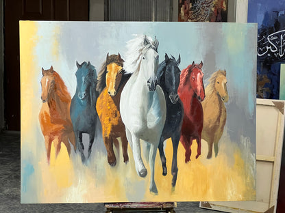Seven Running Horses Abstract Painting – Symbol of Power & Success | 24×36 Inches Canvas