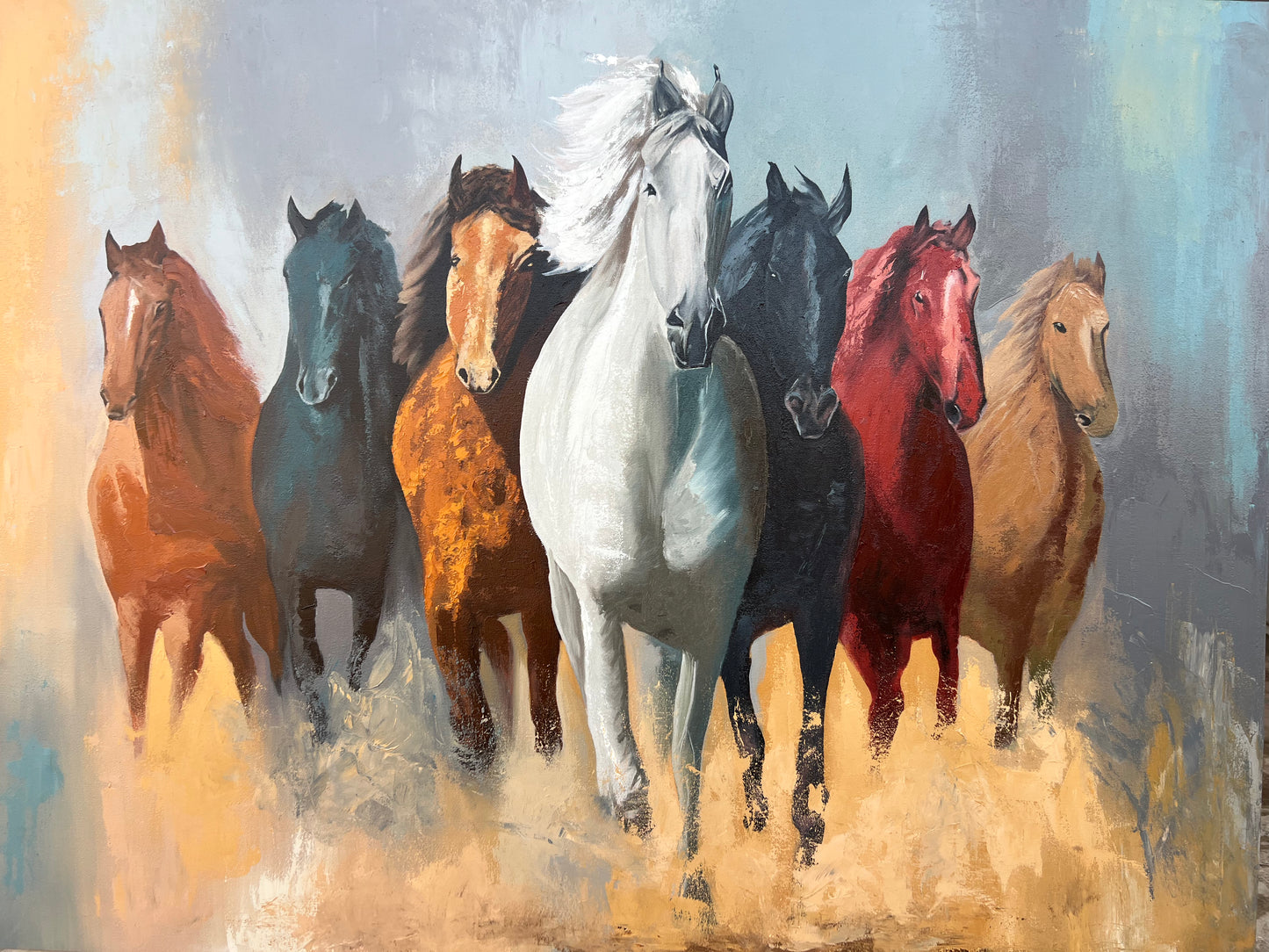 Seven Running Horses Abstract Painting – Symbol of Power & Success | 24×36 Inches Canvas